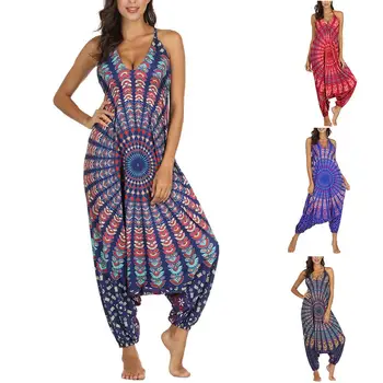 

Women Backless Sexy Deep-V Loose Floral Print Wide Leg Jumpsuit Strappy Rompers combinaison pantalon femme ropa mujer