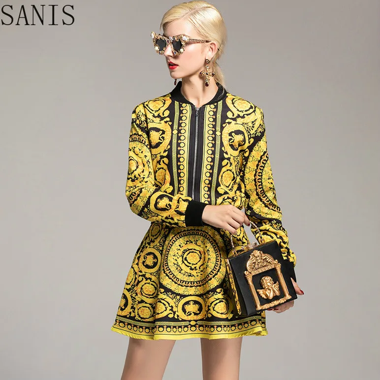 

SANIS 2020 Spring Women's Ruwnay Twinsets Long Sleeves Printed Jackets with Skirts Two Piece Dresses Sets