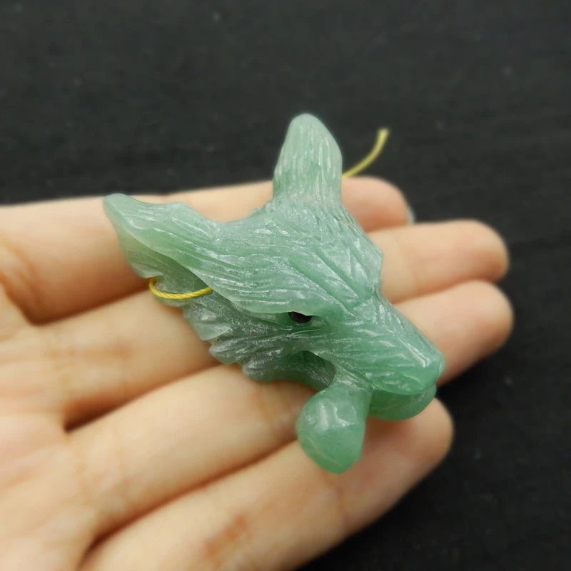 Natural Stone Green Aventurine Handmade Animal Wolf Head Fashion Pendant Bead 45x33x22mm 23.4g