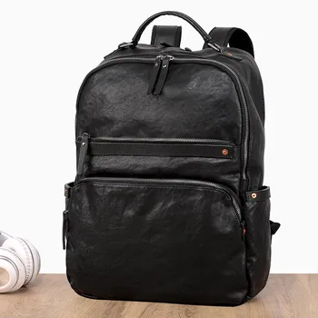 

Men's Leather Backpack Large-capacity Laptop Bag Retro First Layer Leather Big School Bag Trendy Men Fashion Travel Backpacks