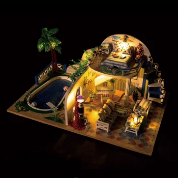 

DIY Handmade Theme Wooden Cabin Assembly Doll House Toy Set with Light and Music Creative Gift For Kids Adults - Summer Building