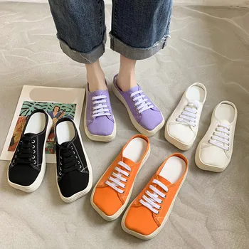 

Flat Shoes Female Low Loafers Cover Toe Woman's Slippers Slides 2020 Soft Fabric Canvas Cross-tied PU Rubber Basic Cotton