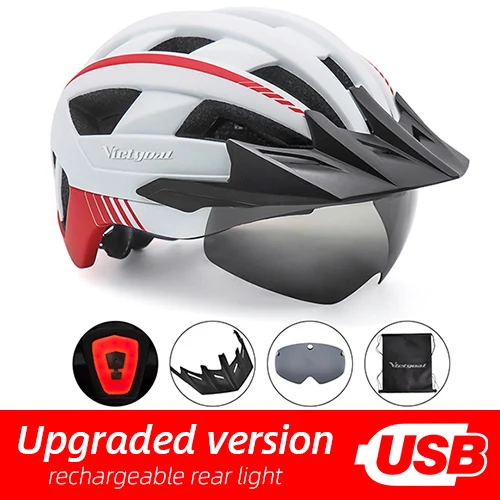 Victgoal MTB светодиодный велосипедный шлем USB Перезаряжаемый задний фонарь велосипедный шлем горная дорога солнцезащитный козырек поляризованные очки велосипедные шлемы - Цвет: White USB LED