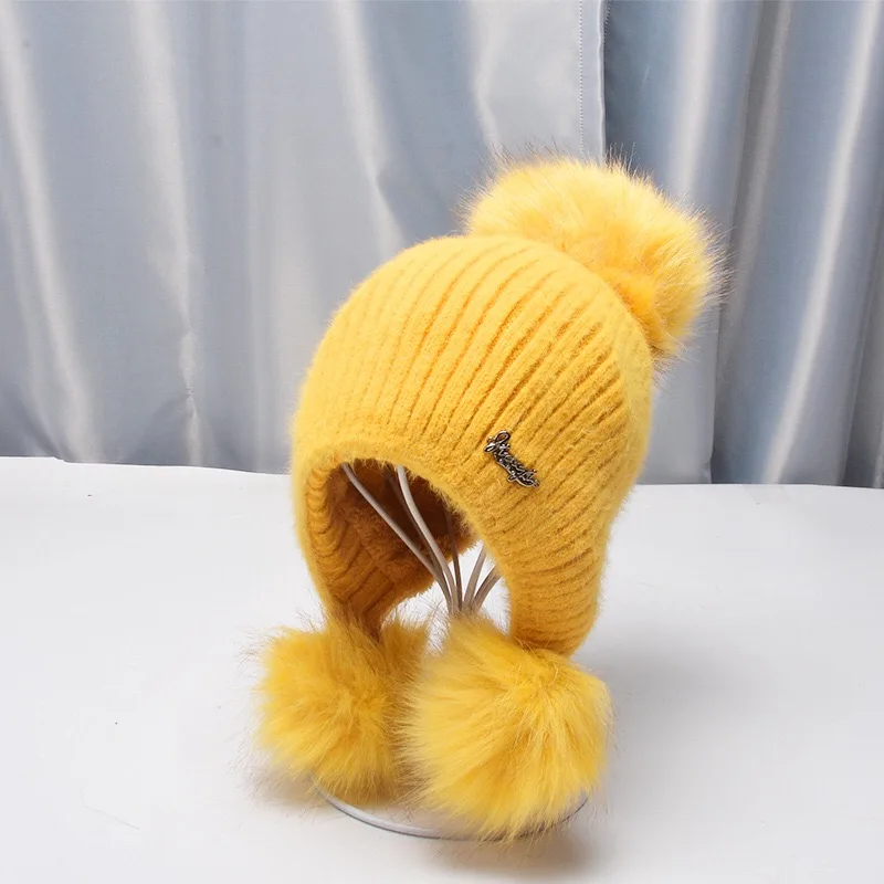 Yellow Женская осенне-зимняя Модная трикотажная шляпа, Повседневная модная универсальная Милая шапка с большим шерстяным помпоном, теплая уличная шапка из кроличьей шерсти - Цвет: Yellow