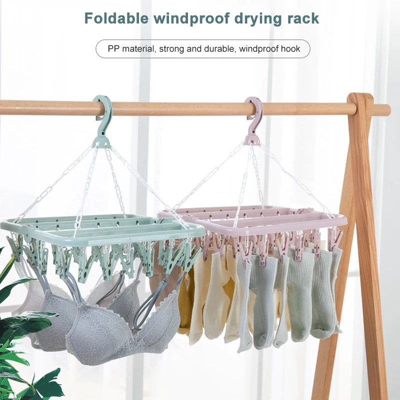 Plastic Folding Clothes Hanger Towels Socks Bras Underwear Drying Rack 32 Clips 