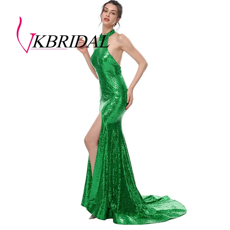 Зеленый VKBRIDAL, красное платье для выпускного с пайетками, длинное, сексуальное, с разрезом, на бретелях, с открытой спиной, вечерние, для женщин, vestido formatura - Цвет: Зеленый