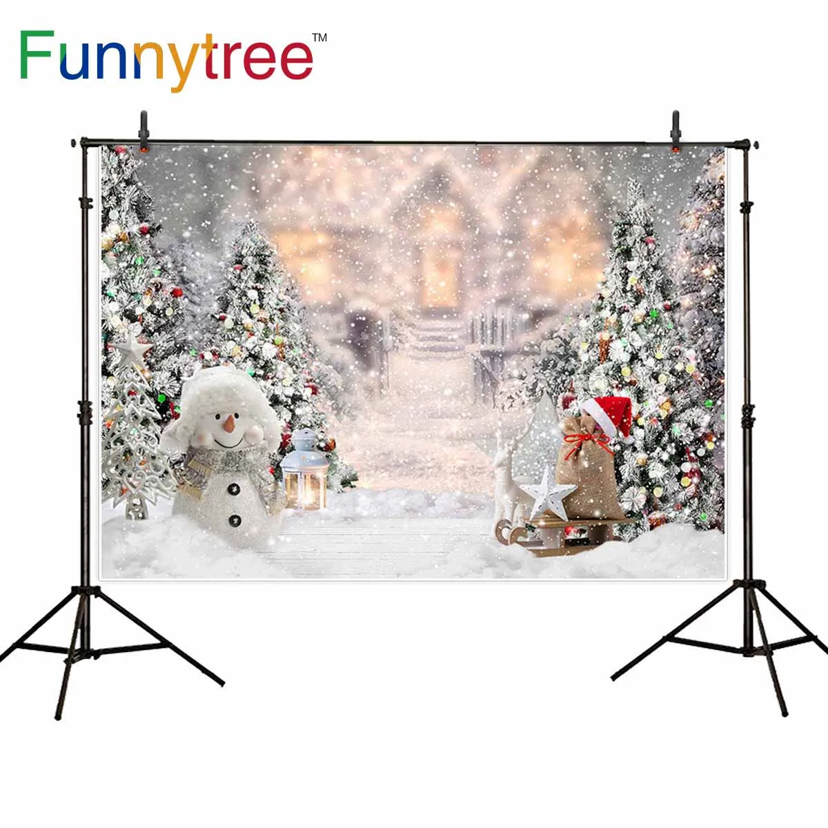 Funnytree Рождественский фон елка зима снежинка сцена год сани рождественские вечерние Фотофон Декорация