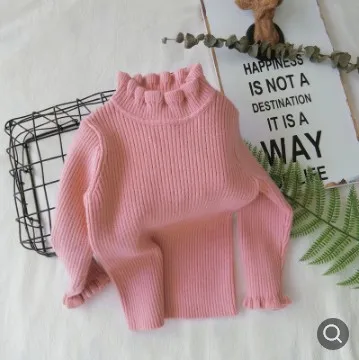 Детские свитера, зимние водолазки с воротником-хомутом и рюшами, мягкие хлопковые вязаные пуловеры с рюшами для маленьких девочек - Цвет: pink