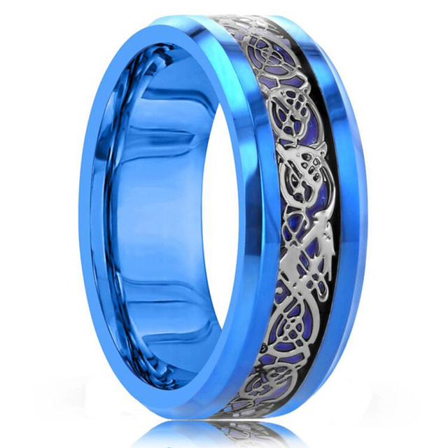 8MM Men's Gold Groove Beveled Edge Stainless Steel Ring Meteorites Inlaid Red carbon fibre Ring Men Wedding Band