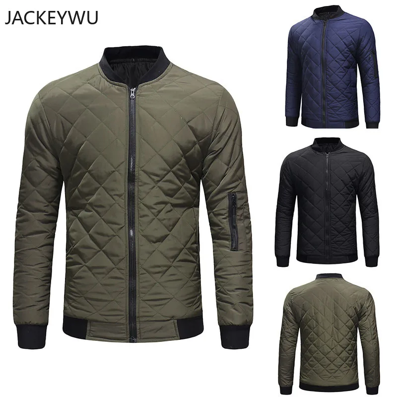 

Winter Men Slim Bomber Jacket 2019 Korean Fashion 3D Check Casual Solid Color Baseball Neck Zipper Coats Men Plus Size Overalls