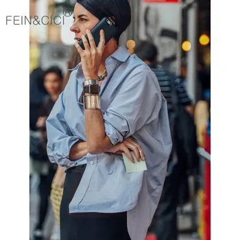 

Women blouse shirt 100% cotton blue blusas boy friend style high quality oversized tops 2020 spring new ins fashion