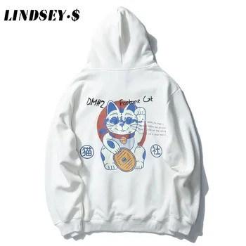 

LINDSEY SEADER Funny Hoodies Maneki Neko Fortune Cat Printed Men 2020 Autumn Japan Style Hip Hop Casual Streetwear Couple Hoodie