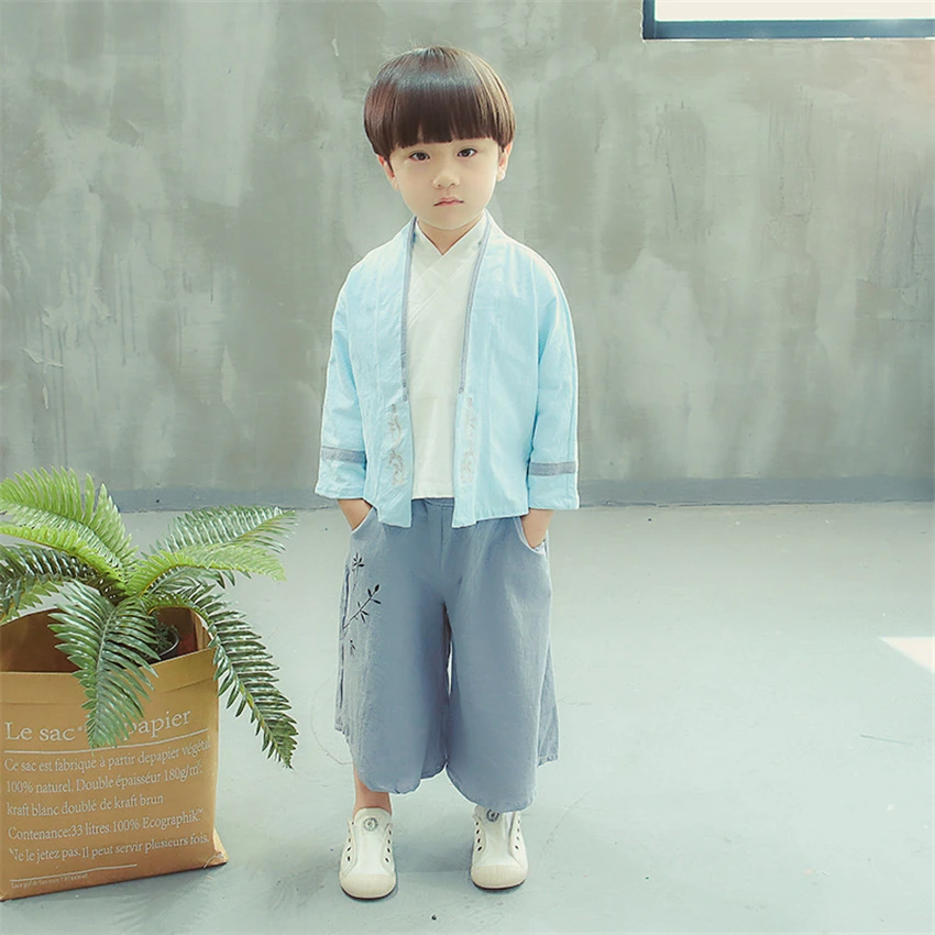 Традиционная китайская одежда для мальчиков Hanfu Детский костюм танга льняная