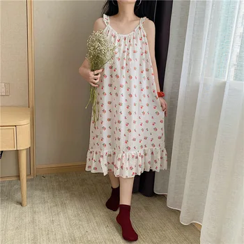 

Nightwear Rushed Real Nightgown Free Shipping Cotton Ladies Ruffled Sling Nightdress 2020 Print Sweet Princess Style Home Wear