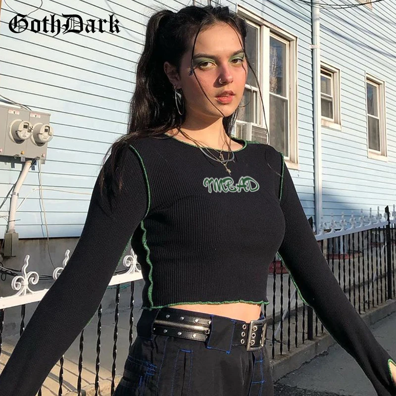 

Goth Dark Letter Printing Gothic Patchwork T-Shirts Punk Hip Hop Black Ruffles Hem Long Sleeve Women Crop Tops O-Neck Skinny Tee