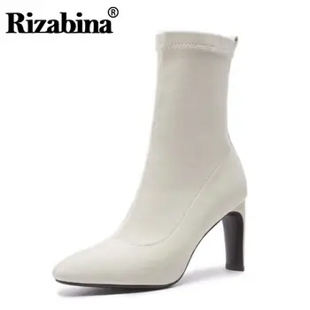 

RIZABINA New Women Half Short Stretch Boots Genuine Leather Winter Shoes For Women Fashion Zipper Warm Sexy High Heels Boots