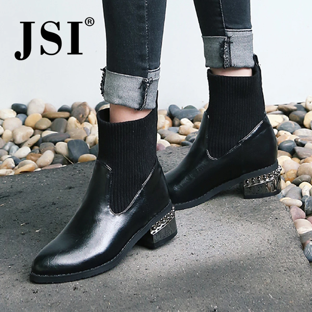 

JSI Winter Fashion Women Boots Slip-On Flock Mid-Calf Ladies Shoes Square Heel Med Heels Metal Decoration Women Boots je115