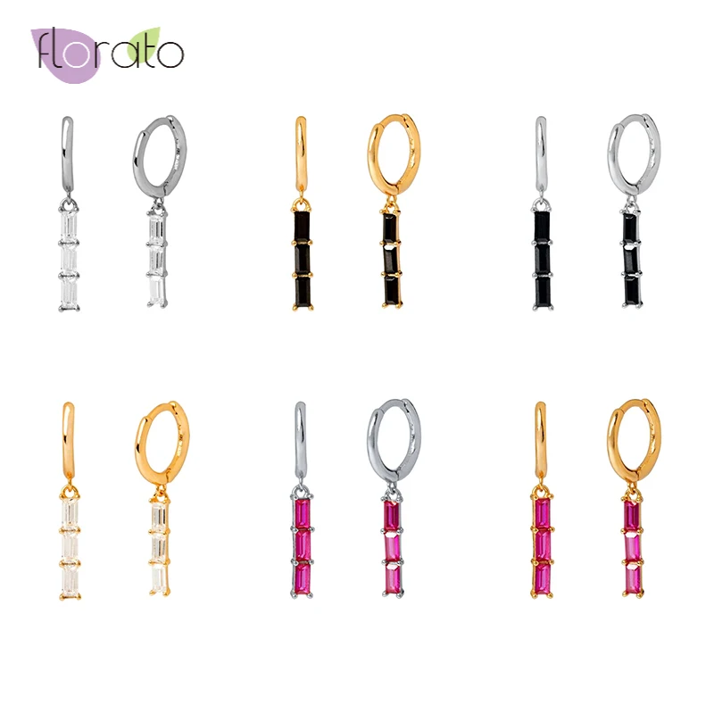 Three color Black/White/Rose Red Zircon Pendant 925 Sterling Silver Small Hoop Earrings for Women Simple Round Circle Earrings