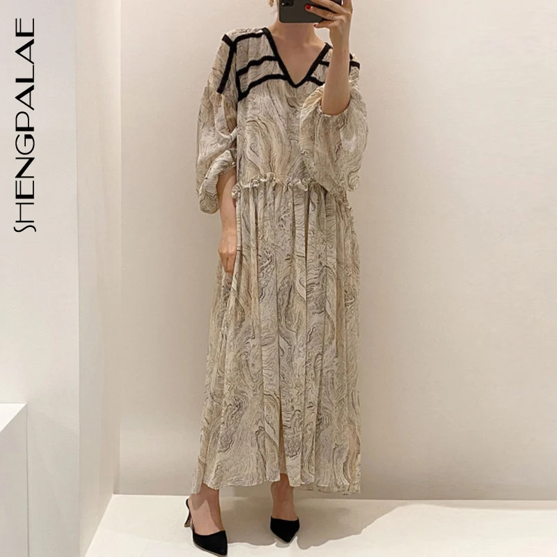 SHENGPALAE 2022 New Spring Women Vintage Loose High Waist Slim Was Thin Elegant Lantern Sleeve Hit Color Maxi Dress | Женская одежда
