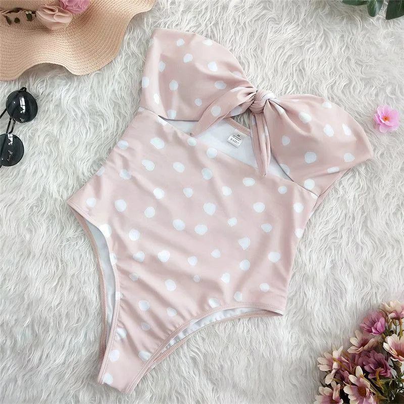 Khaki White Dot Сексуальный женский ретро купальник с высокой талией, Женский цельный купальник, Женский бандо с завязками спереди, купальник с вырезами, монокини - Цвет: Khaki White Dot