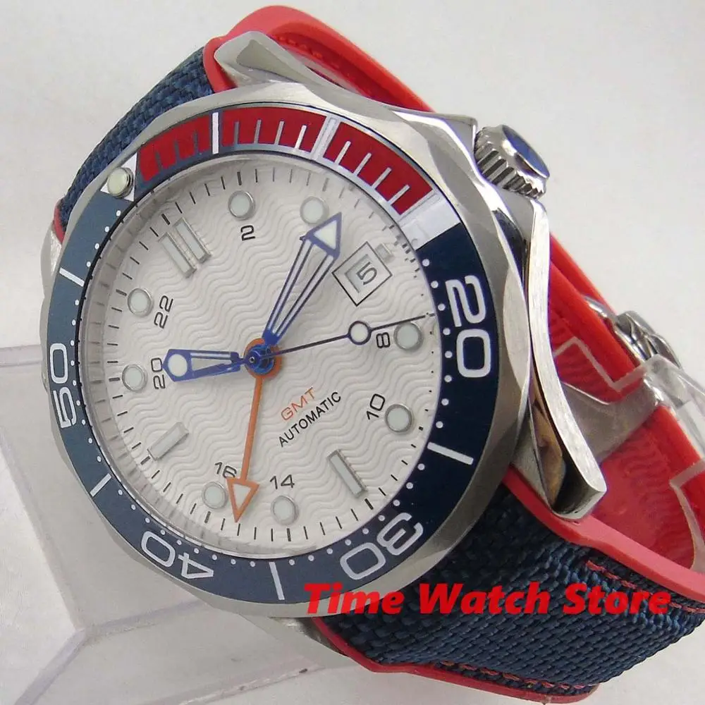  Bliger 41mm GMT 3804 automatic wrist watch men waterproof Luminous white dial date blue red ceramic