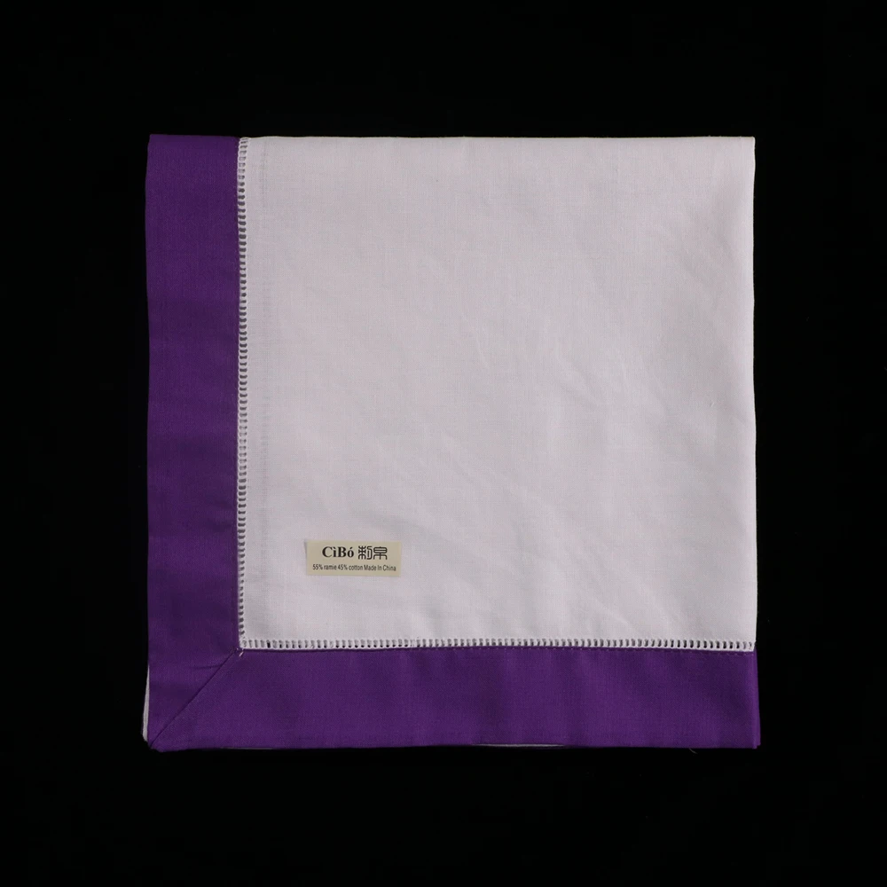 

N037-P-20: 12pieces White Hemstitch Dinner Napkins Purple hem Ramie Cotton Blend Ladder Hemstitch table linen