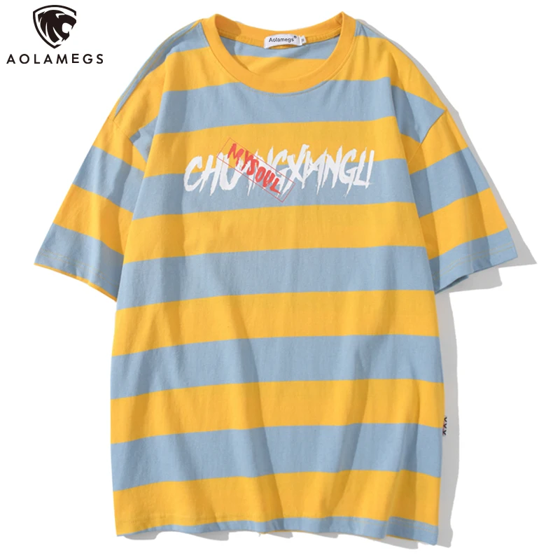 

Aolamegs Men T Shirt Letter Striped Print Hit Color Tee Harajuku Loose Short Sleeve Hip Hop Tops Tees Summer Fashion Streetwear