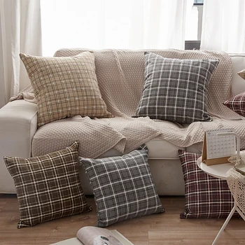

Linen Plaid Throw Simple Embroidery Chenille Stitching Contrast Color Sofa Pillow Back Rest Pillow Bedding Home Decor