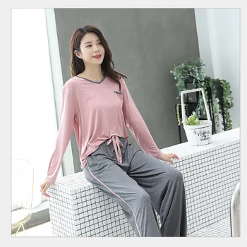

Mordell pajamas women long-sleeved trousers Korean version of V collar loose can wear out casual home wear tz73