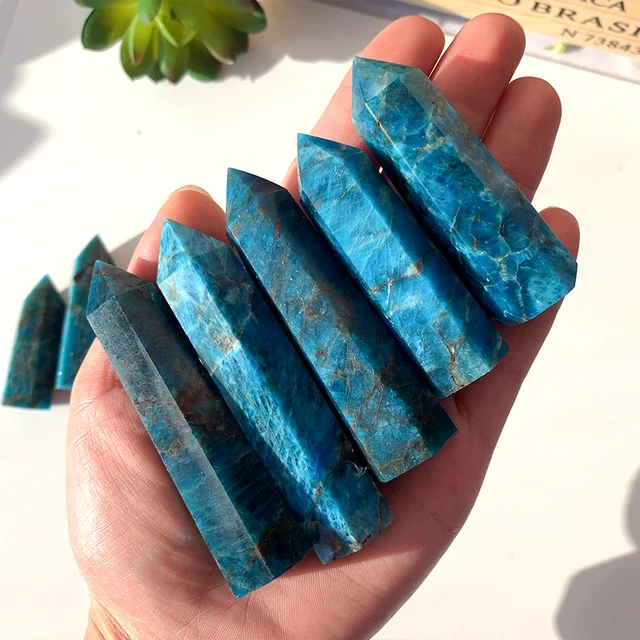 Cristal Natural curativo de apatita azul, varita de un solo punto, piedra preciosa pulida Reiki, columna de obelisco Hexagonal, decoración de escritorio para el hogar