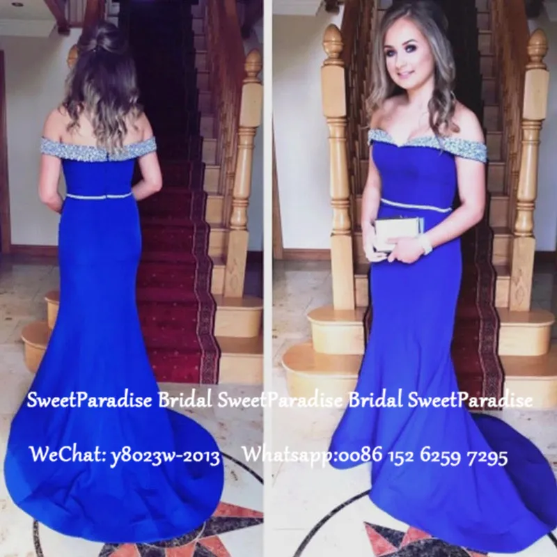 

Royal Blue Mermaid Evening Dress With Appliques 2020 Off Shoulder Women Long Sweep Train Prom Dresses Robe De Soiree
