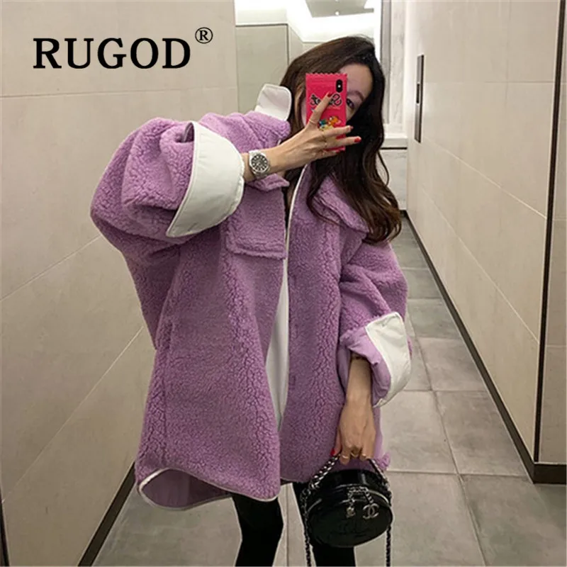 RUGOD, Осень-зима, стиль, шикарное длинное пушистое пальто из овечьей шерсти, одноцветное, отложной воротник, контрастный цвет, корейский стиль, женская мода
