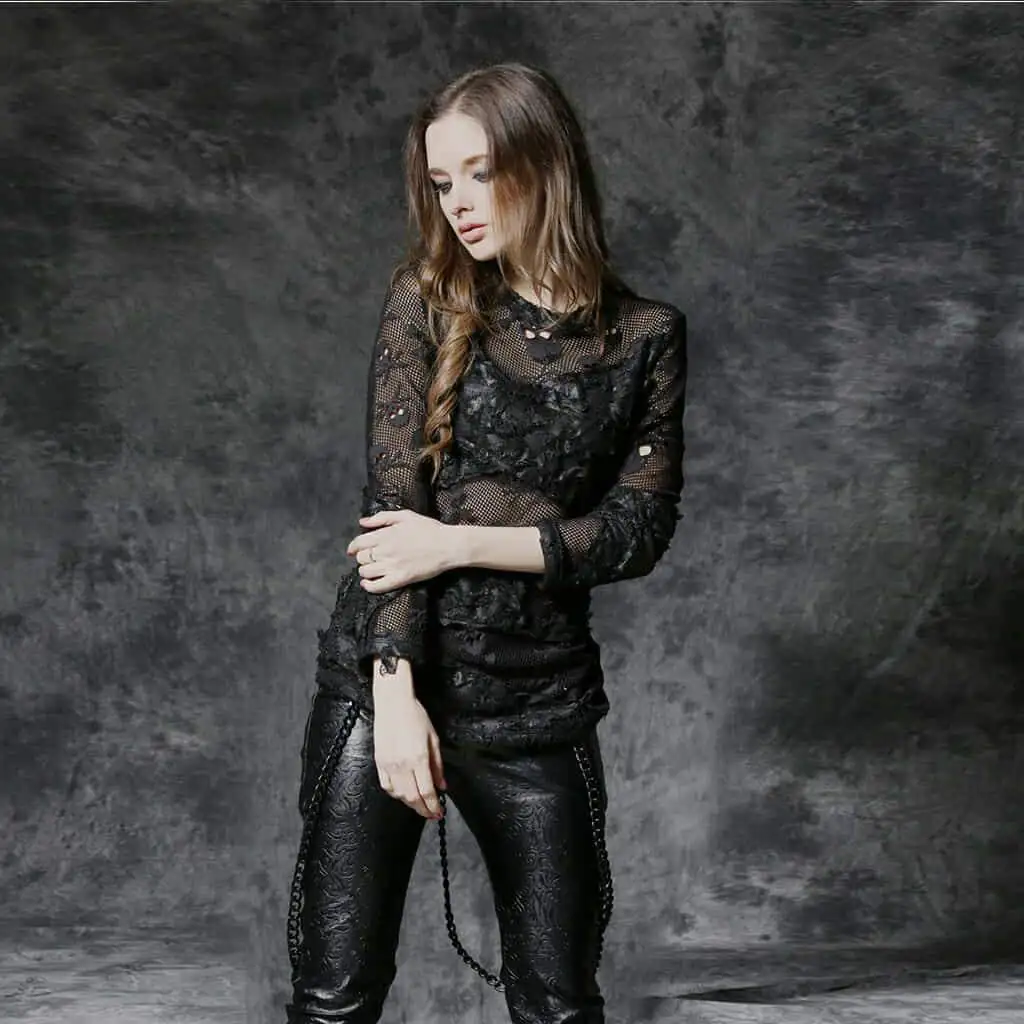 Darkinlove женские готические Grungy Короткие топы сексуальные кружевные вечерние Cosply черные футболки с длинными рукавами