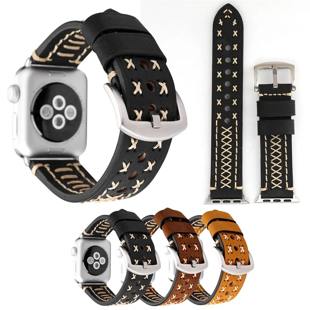 

Watchband for Apple watch 1/2/3 38mm 40mm Genuine Leather handmade line strap for iwatch 4/5 42mm 44mm Double fork accessories