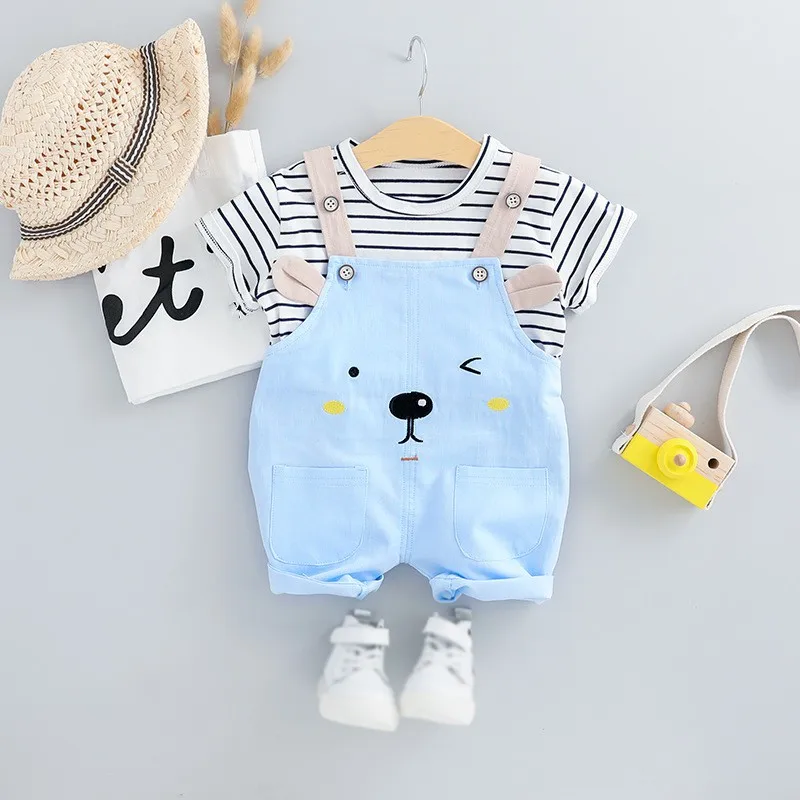 L Summer Fashion Baby Girls Clothing Sets Infant Clothes Suits Stripe T Shirt Strap Shorts Kids Sportswear Children Casual Wear - Цвет: L