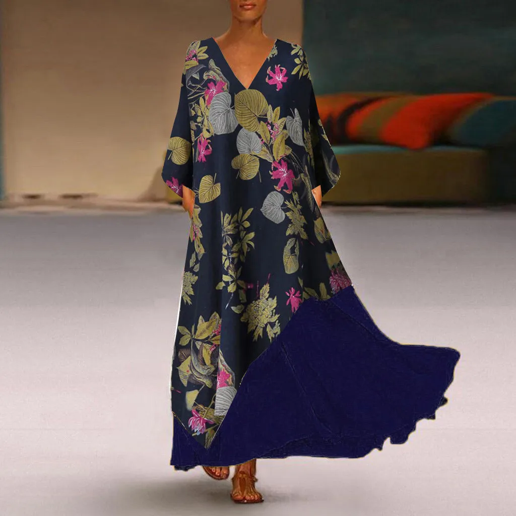 MISSOMO S-5XL Платье женское Винтажное с v-образным вырезом Макси платье размера плюс летнее платье vestidos сплайсинг цветочный длинный рукав дропшиппинг 81