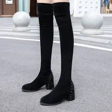 

Luxury Sexy Fashion Flock Over The Knee Stretch Boots Rivet Winter Boots Women Hoof Heel Woman Shoes High Heels Boots for Women