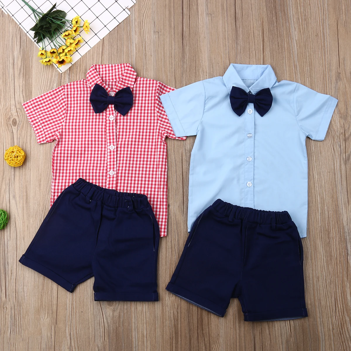 Handsome Kids Gentleman Outfits Toddler Boy Blue Bowtie Shirts Short Sleeve+Pants Children Suits Formal Clothes 2 Piece Set