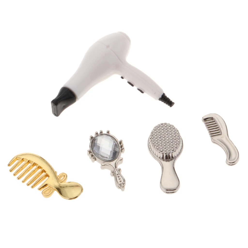5 Pieces Handmade Doll Hair Care Accessories Comb Mirror Hair Dryer Set for 1/12 Dollhouse