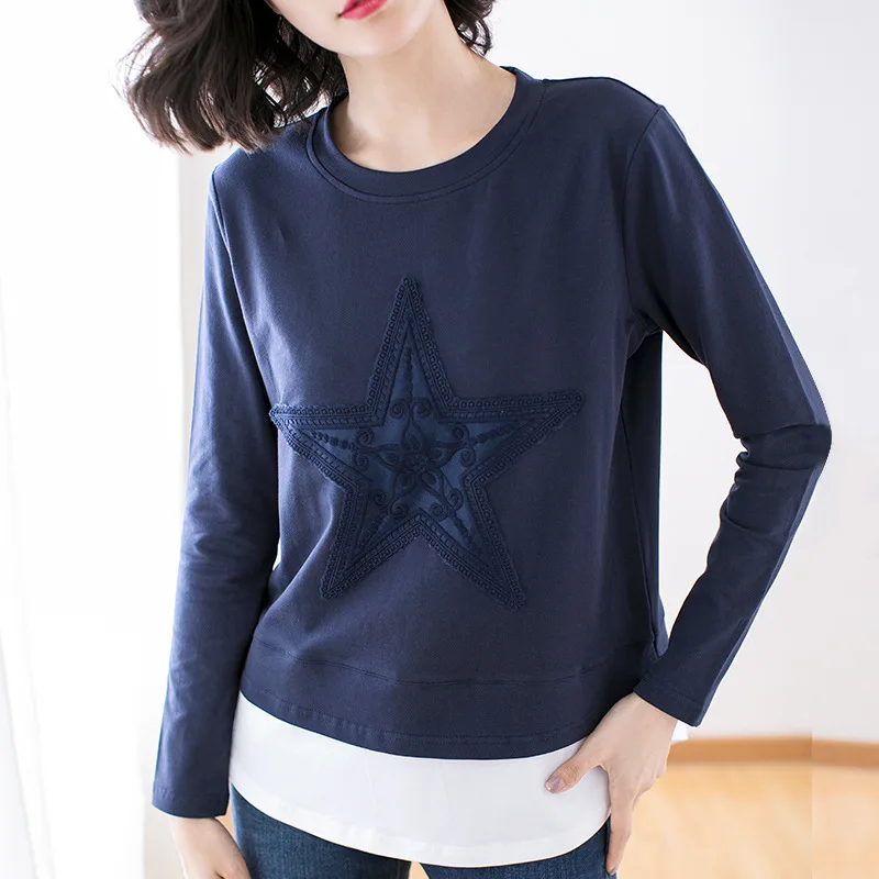 ROYAL BLUE TOTNWANG осенне-зимняя хлопковая Базовая футболка с вышивкой Женская свободная футболка Топы Повседневная Женская футболка с длинным рукавом Плюс Размер Женская - Цвет: ROYAL BLUE