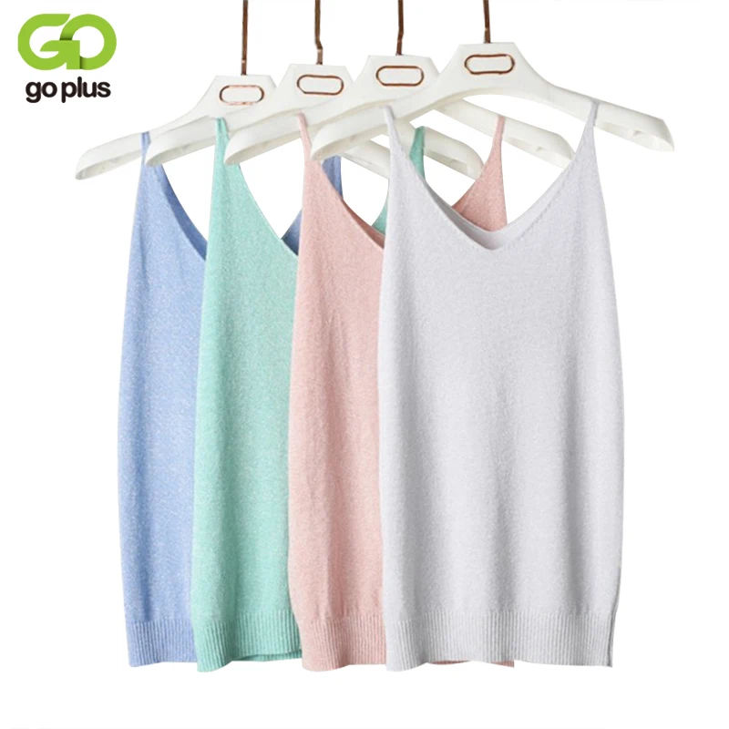 

GOPLUS Sexy Autumn Knitted Tank Top Women Blouse Fashion Silver Thread Deep V Neck Top Female shirt Sleeveless Vest Casual Camis