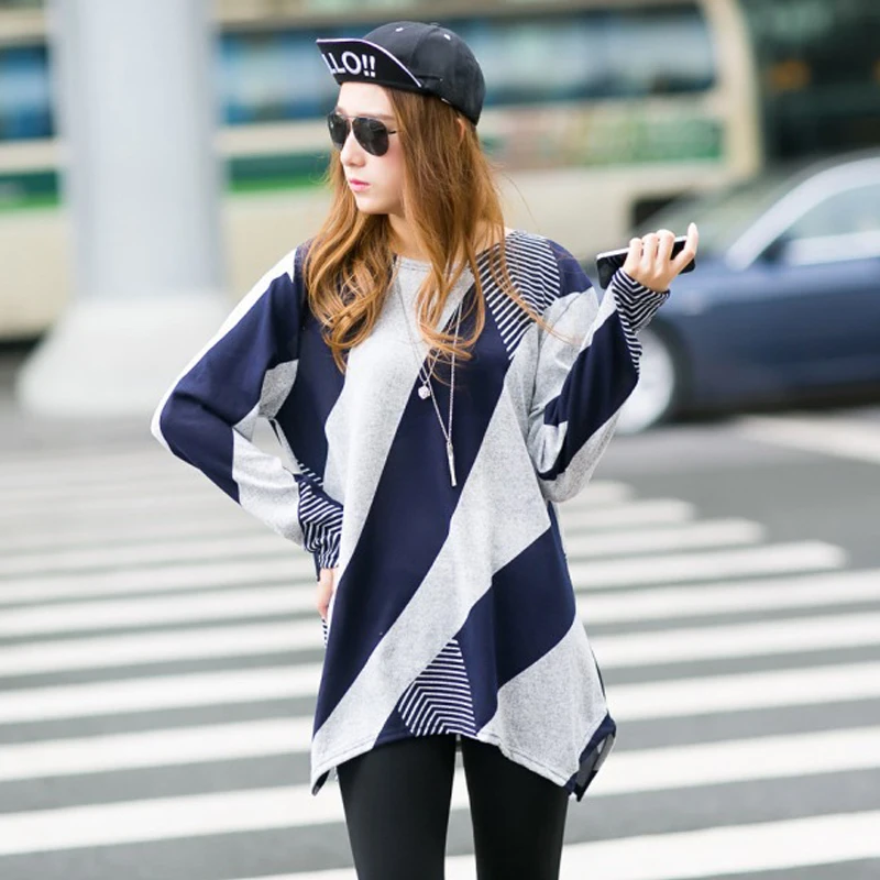 Outono Novas Mulheres Da Moda футболка de Manga comprida O PescoCo повседневные Mulheres Roupas Soltas пляжные