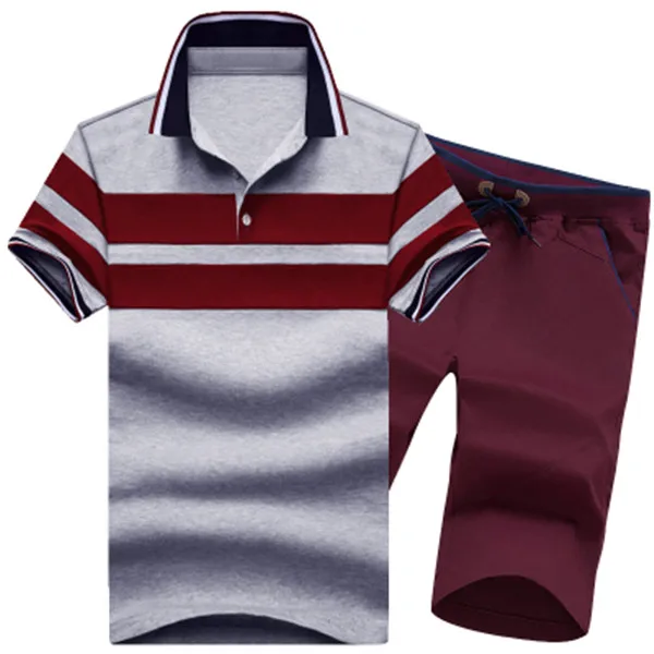 TZ1711 gray red Aismz Летняя Повседневная рубашка поло, спортивный костюм, Мужская модная рубашка поло с коротким рукавом+ шорты, комплект из 2 предметов, спортивный костюм, мужская спортивная одежда, M-4XL - Цвет: TZ1711 gray red