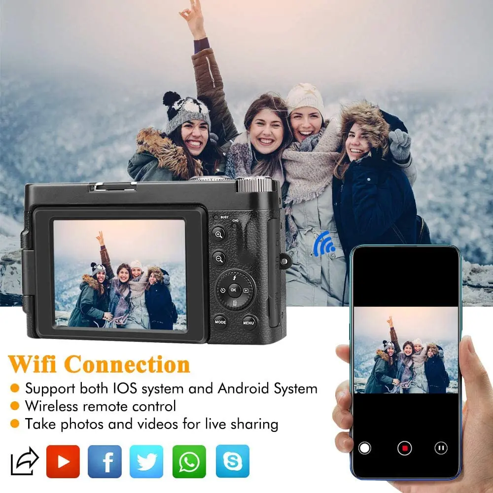Digital Camera YouTube Vlogging Camera HD 1080P 24MP Video Camcorder 16X Digital Zoom  Wide Angle Lens Pause Function 3.1 Screen