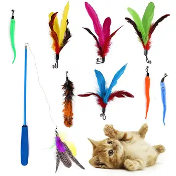

11pcs/set Cat Teaser Stick Retractable Fishing Rod Colorful Feather Bells Funny Cats Wand Replacement Heads Sets Kitten Catcher