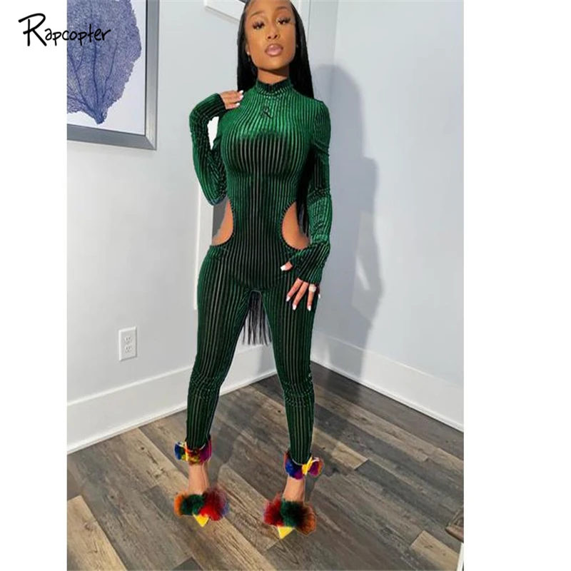 Rapcopter сексуальное вельветовое облегающее платье с длинными рукавами и комбинезон Для женщин уличная Клубные наряды Nova/Модная выдалбливают боди, комбинации Femme - Цвет: Зеленый
