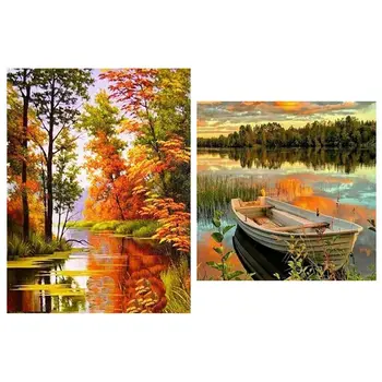 

HOT-2 Set Diamond Painting Full Round Diamond Mosaic Landscape Diamond Embroidery Sale Autumn Scenery & Custom Boats on Lake