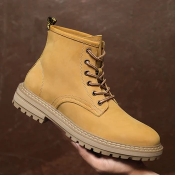 

Man Boots Men Casual Ankle Boots Genuine Leather Footwear Male Sneakers Outdoor Lace-up Solid Black Yellow Basic Boots Fashion