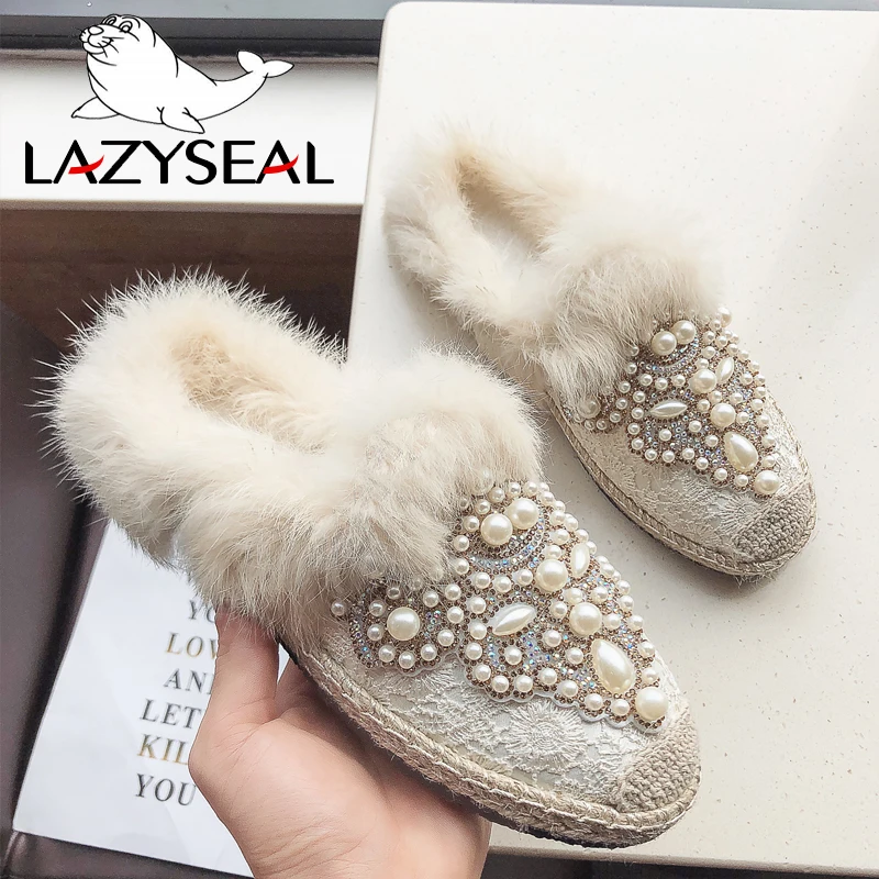 Lazyseal Mules Warm Winter Real Fur Scarpe Da Donna Bling Crystal Pearl Slides Tacco Piatto Lazy Cane Donna String Bead Shoes For Women