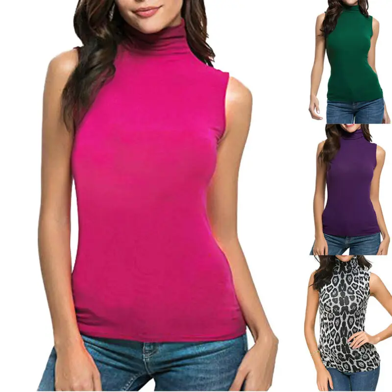 

Women Ladies High Neck Sleeveless Solid Color Fashion Basic Classic Tank Top Vest Casual Loose T-Shirt